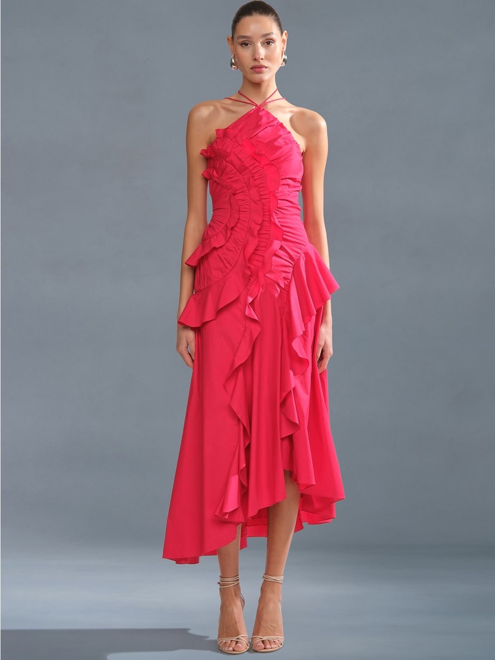 AMUR Ottavia Ruffle Halterneck Midi-Dress